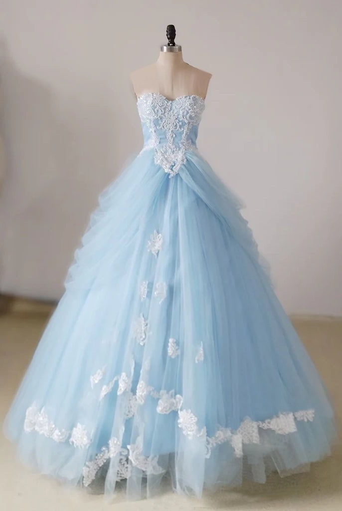 A-Line Lace Sweetheart Neck Blue Long Prom Dress
