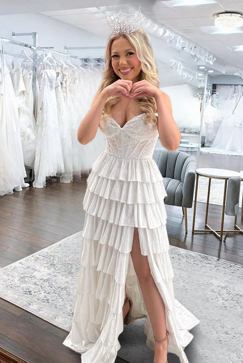 Verve | A Line V Neck Satin Tiered Long Prom Dresses With Beads - KissProm