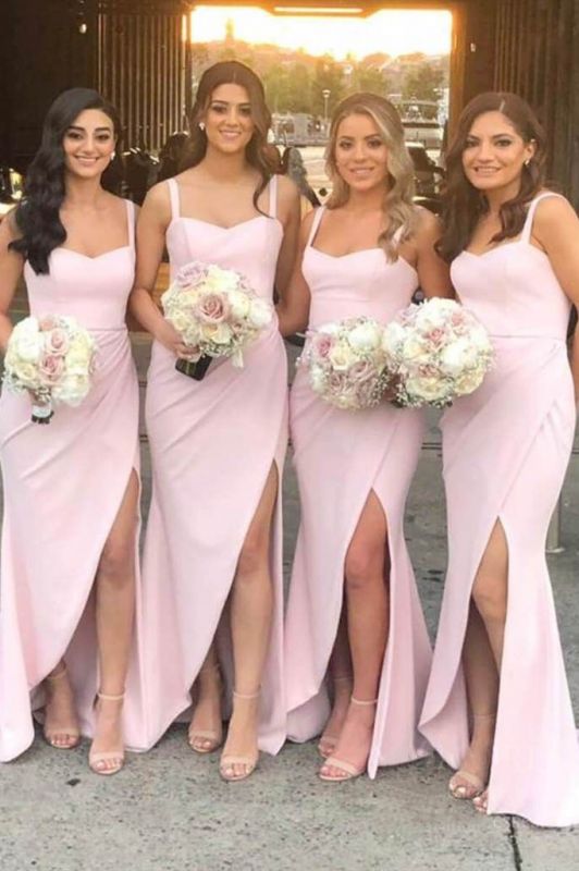 Pretty Sheath Sweetheart Pink Satin Split Long Bridesmaid Dresses