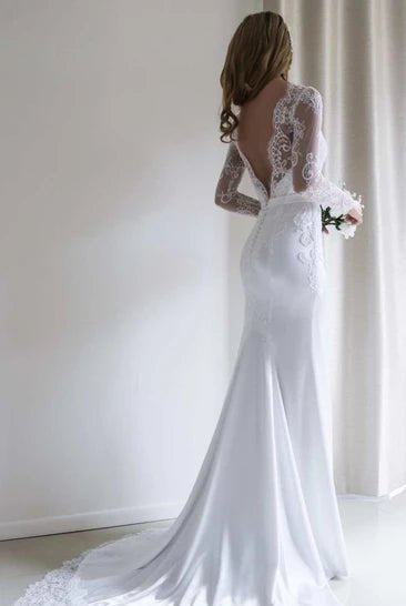 Bateau Lace Long Sleeve Sheath Chiffon Wedding Dress With Sweep Train