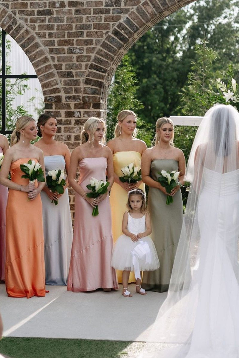 Sheath Strapless Colorful Silk Satin Long Bridesmaid Dresses