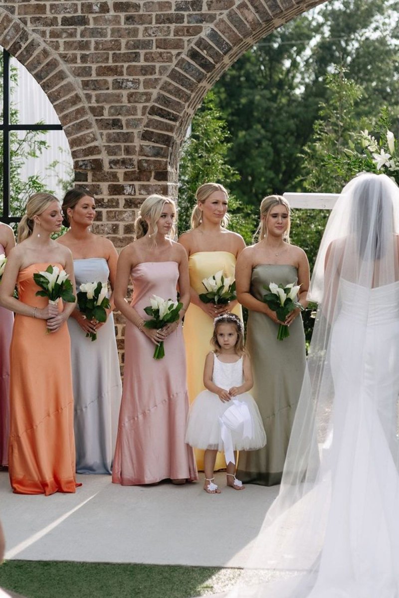 Sheath Strapless Colorful Silk Satin Long Bridesmaid Dresses