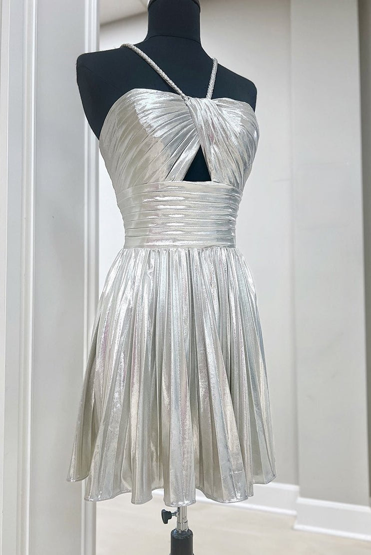 Seresa | Gloden A-Line Metallic Spaghetti Strap Pleated Homecoming Dress
