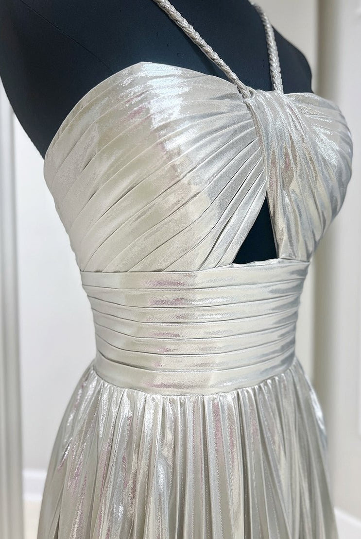 Seresa | Gloden A-Line Metallic Spaghetti Strap Pleated Homecoming Dress