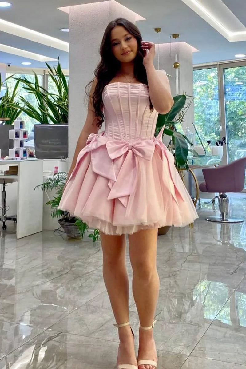 Pink A Line Strapless Corset Beaded Homecoming Dress with Bows