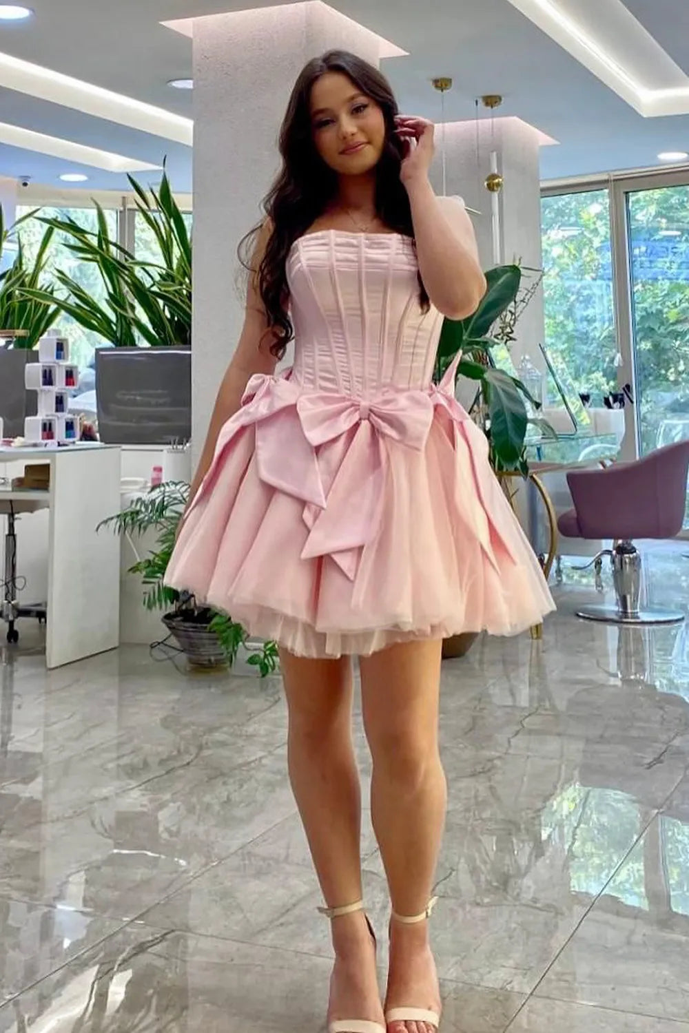 Pink Strapless Tulle A-Line Short Corset Homecoming Dress with Bow, Pink / 10 Pink Strapless Tulle A-Line Short Corset Homecoming Dress with Bow, Pink / 10