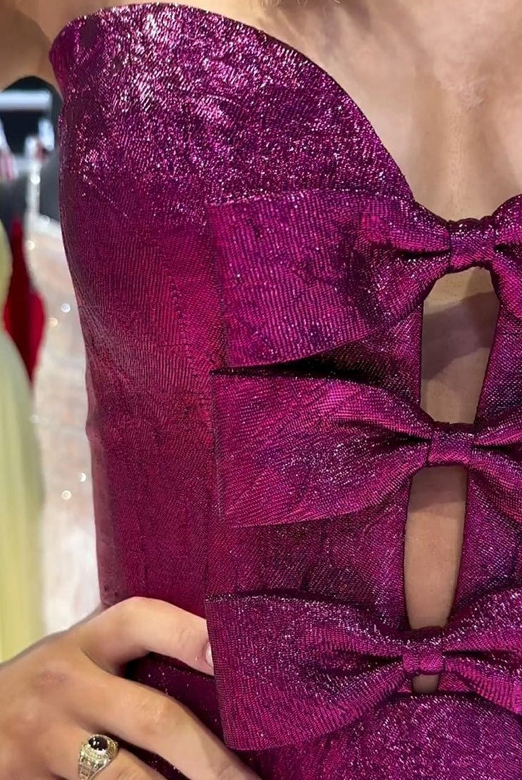 Jalise | Glitter Strapless Peacock Short Homecoming Dress with Bow