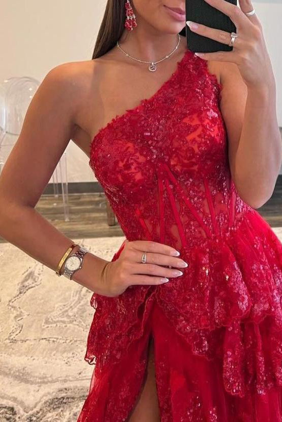 KissProm-Livia Red Sheath One Shoulder Tiered Lace Long Prom Dress