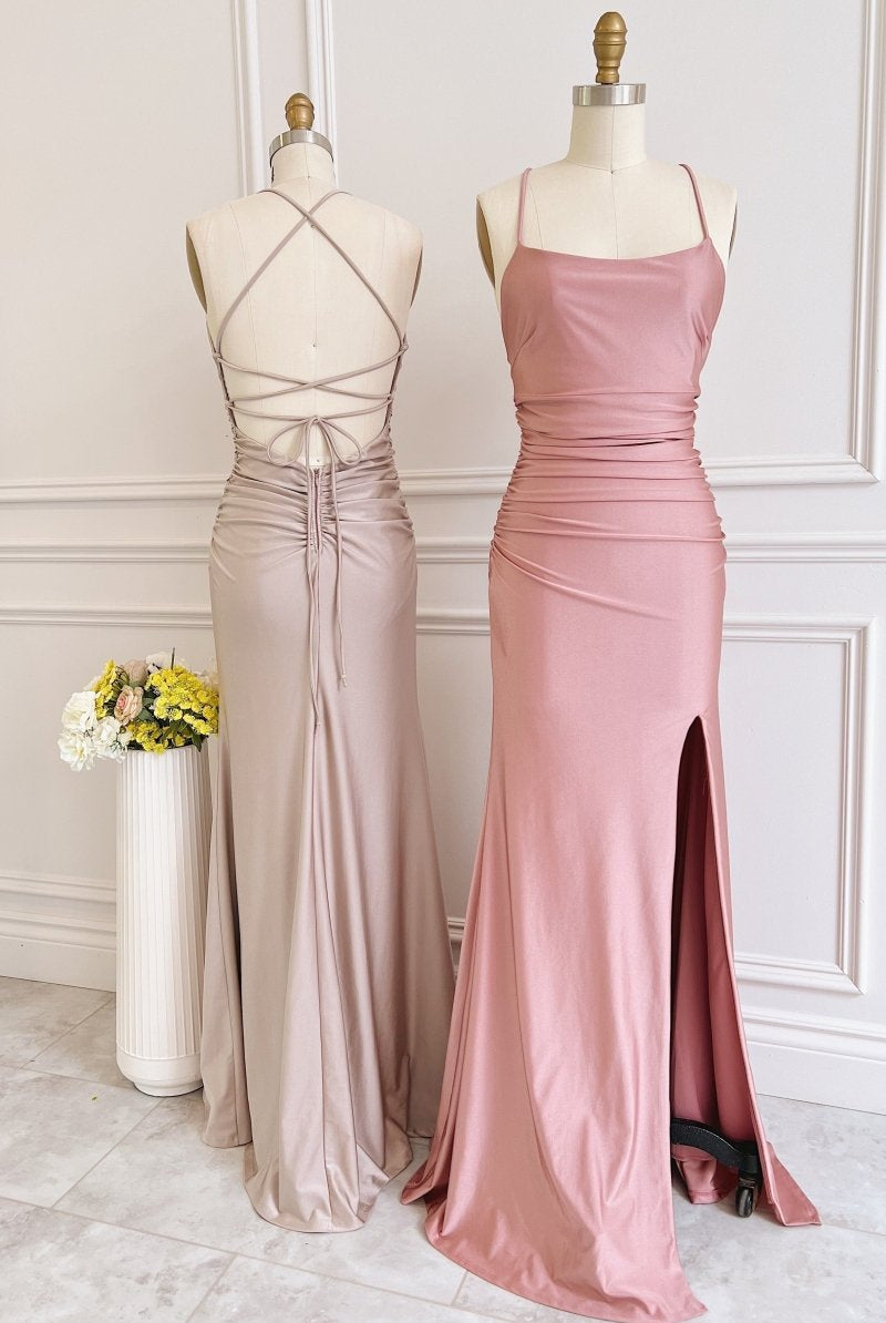 Dusty Pink Satin Lace - Up Sheath Long Bridesmaid Dress with Slit - KissProm