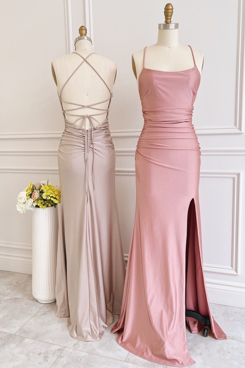 Dusty Pink Satin Lace-Up Sheath Long Bridesmaid Dress with Slit, Champagne / 8 Dusty Pink Satin Lace-Up Sheath Long Bridesmaid Dress with Slit, Champagne / 8
