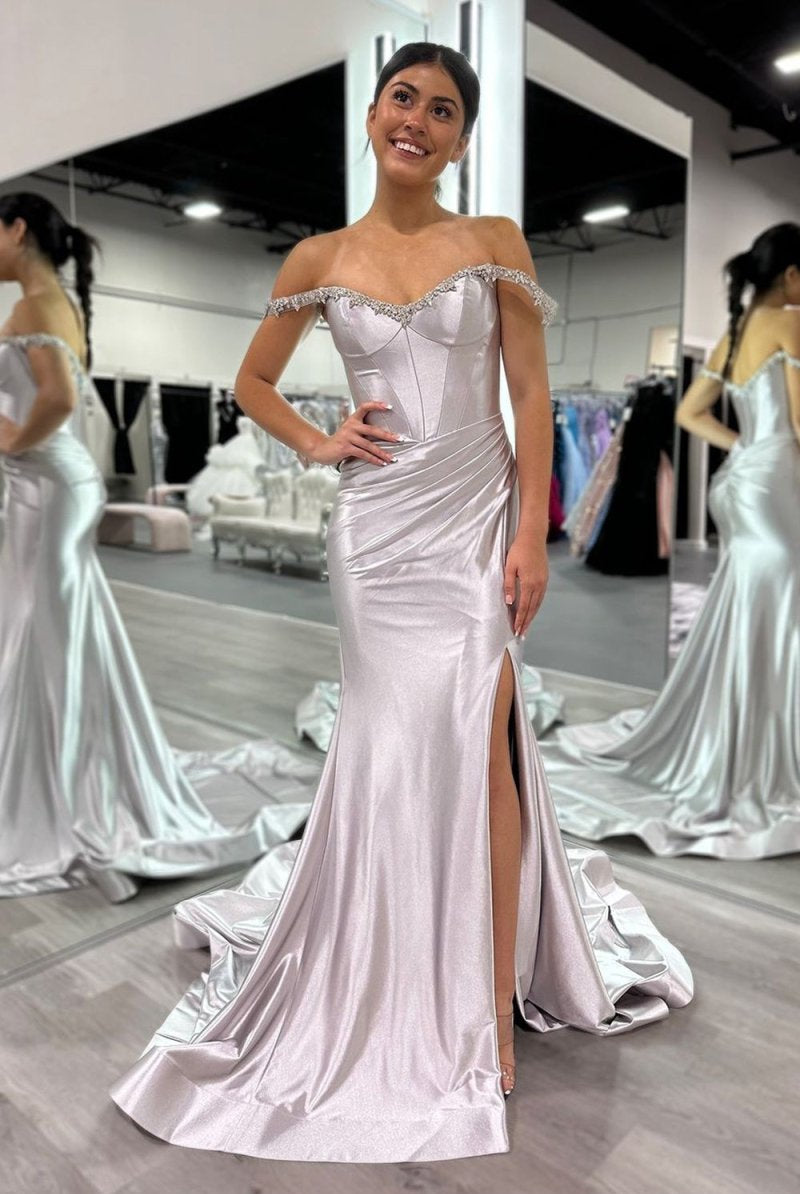 Bellamy | Mermaid V Neck Red Satin Slit Prom Dress with Beading