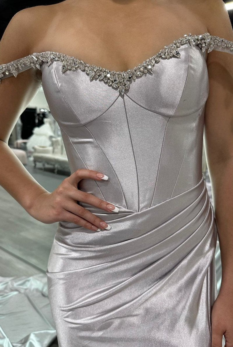 Bellamy | Mermaid V Neck Red Satin Slit Prom Dress with Beading