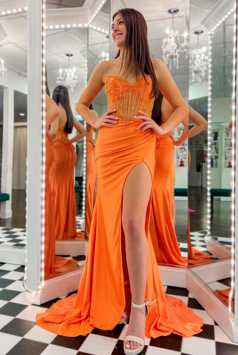 Sienna | Royal Blue Strapless Beaded Long Prom Dress with Slit