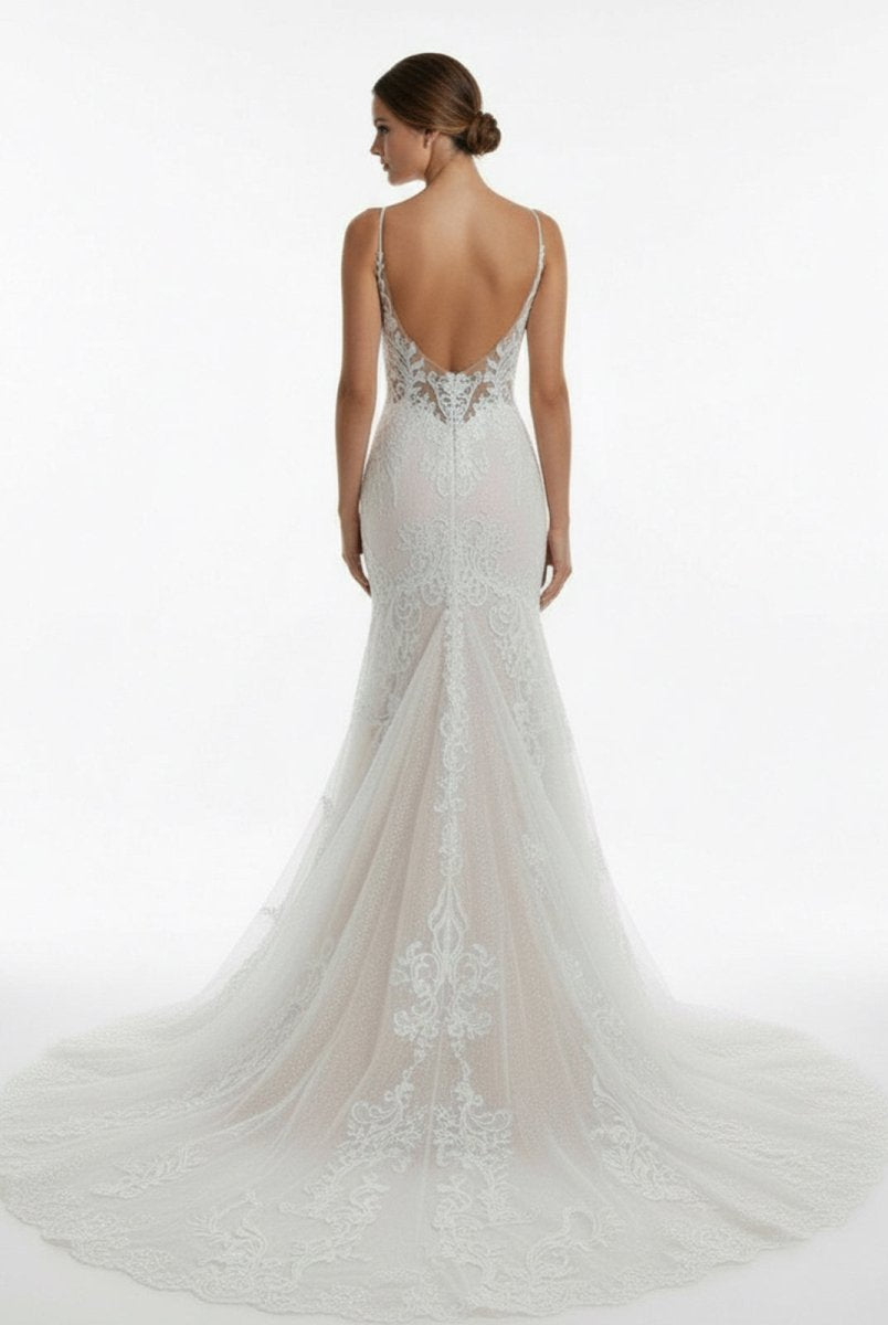 Aliza | Ivory Mermaid Spaghetti Straps Backless Long Lace Wedding Dress - KissProm