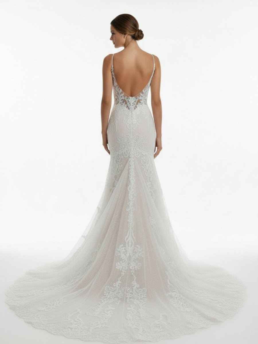 Aliza | Ivory Mermaid Spaghetti Straps Backless Long Lace Wedding Dress - KissProm