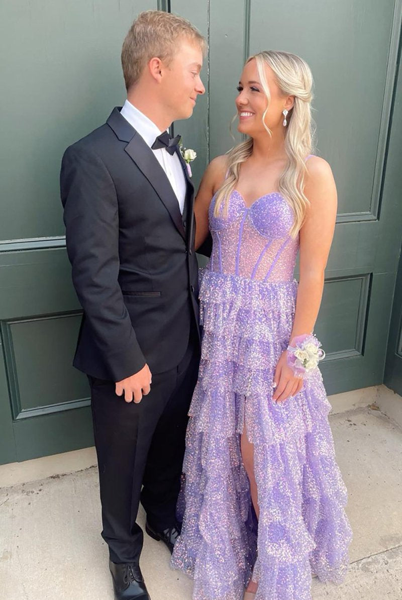 Eleanor | Glitter Tulle Corset Ruffle Tiered Long Prom Dress with Slit - KissProm