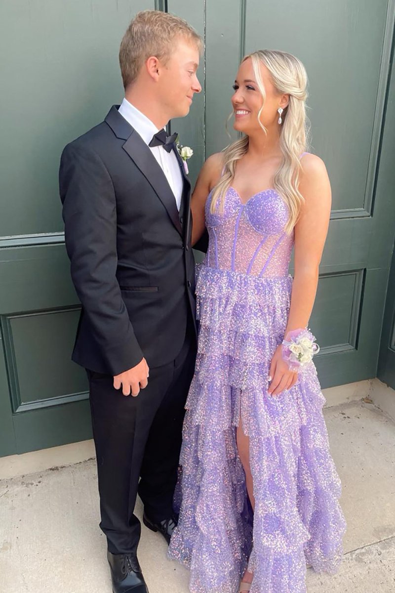 Eleanor | Glitter Tulle Corset Ruffle Tiered Long Prom Dress with Slit - KissProm