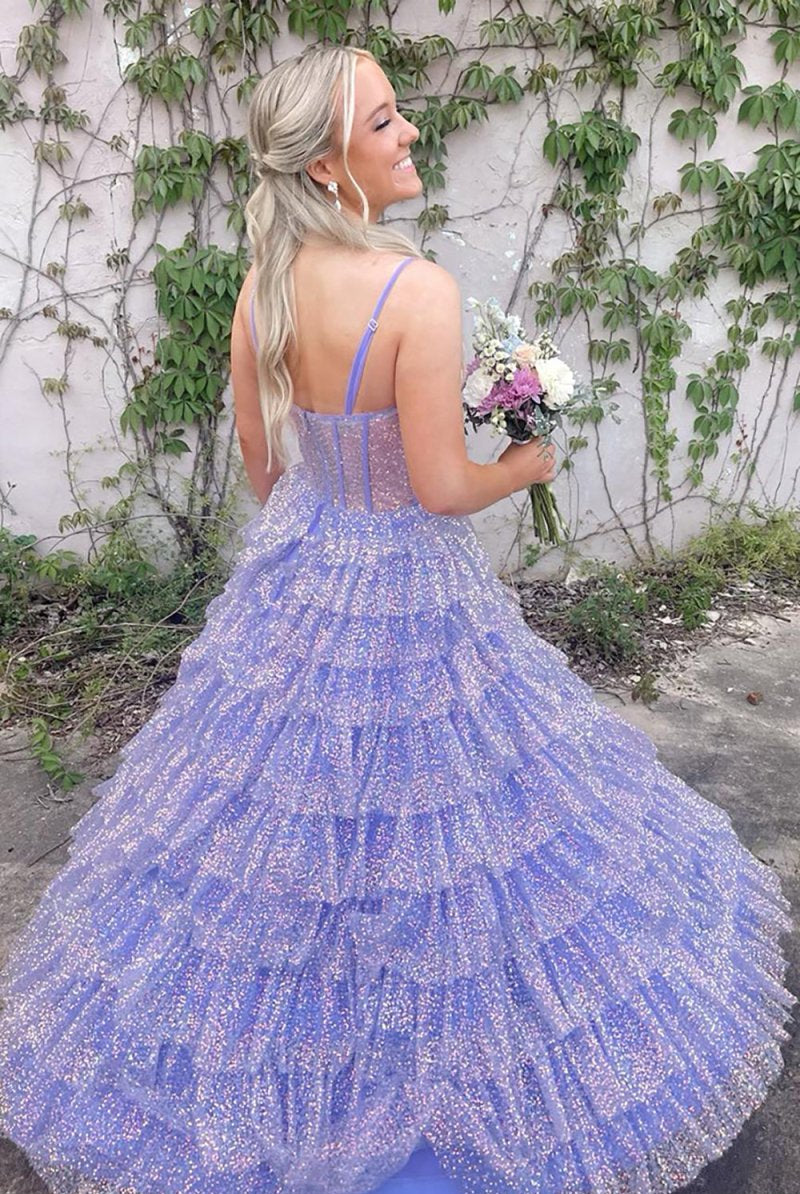 Eleanor | Glitter Tulle Corset Ruffle Tiered Long Prom Dress with Slit - KissProm