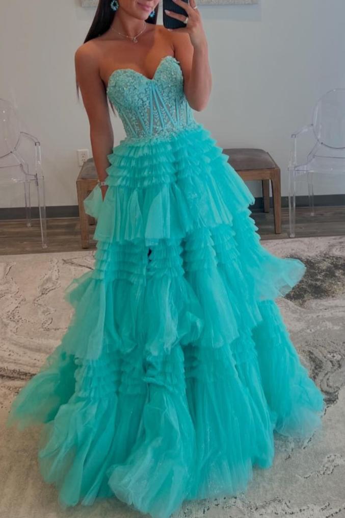 Adelyn |A-Line Sweetheart Tiered Long Tulle Prom Dress