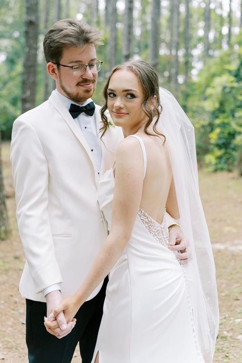 Charming Mermaid Cowl Neck Satin Wedding Dress with Slit - KissProm