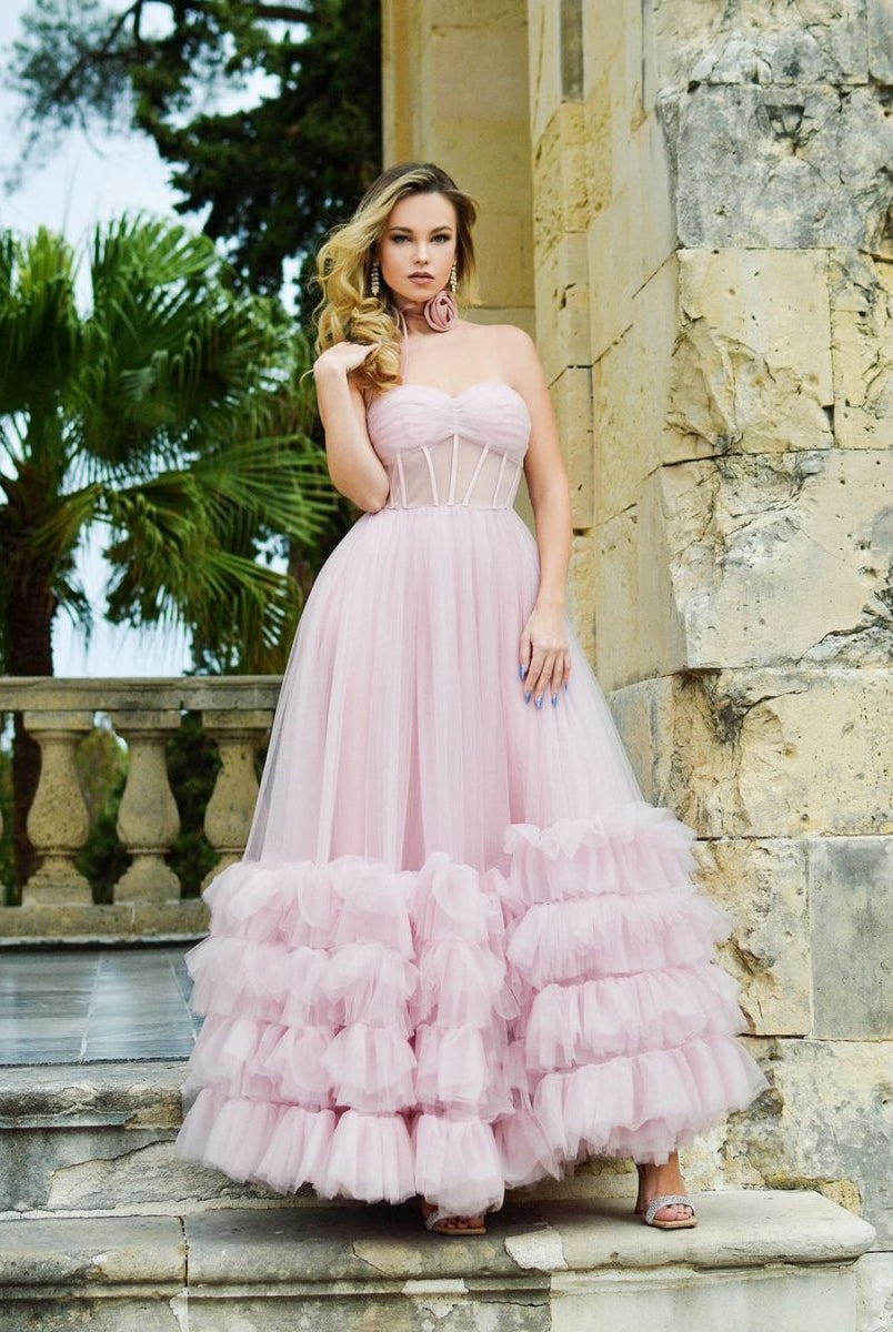 Sutton |A-line Corset Strapless Tulle Prom Dress with Ruffles