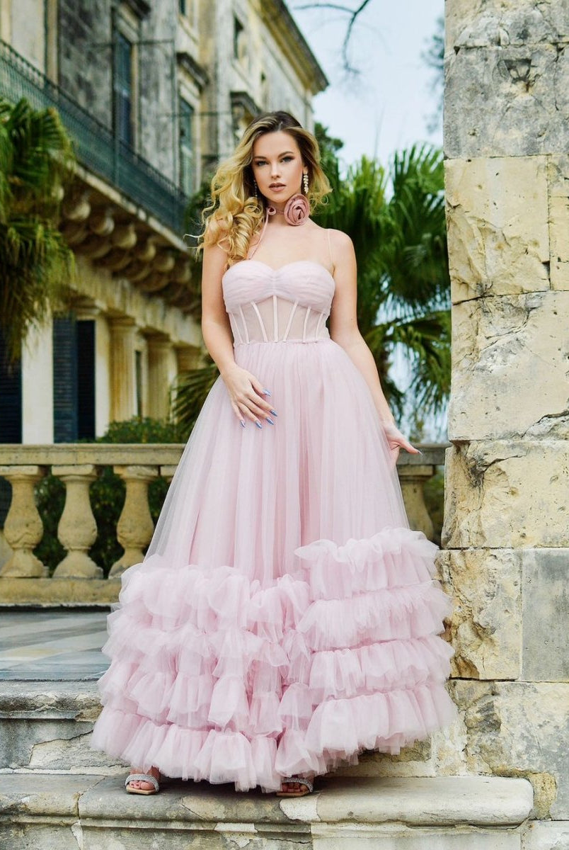 Sutton |A-line Corset Strapless Tulle Prom Dress with Ruffles