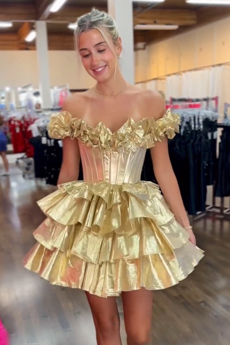 A-Line Off-The-Shoulder Corset Ruffle Tiered Homecoming Dress Golden / 2 A-Line Off-The-Shoulder Corset Ruffle Tiered Homecoming Dress Golden / 2