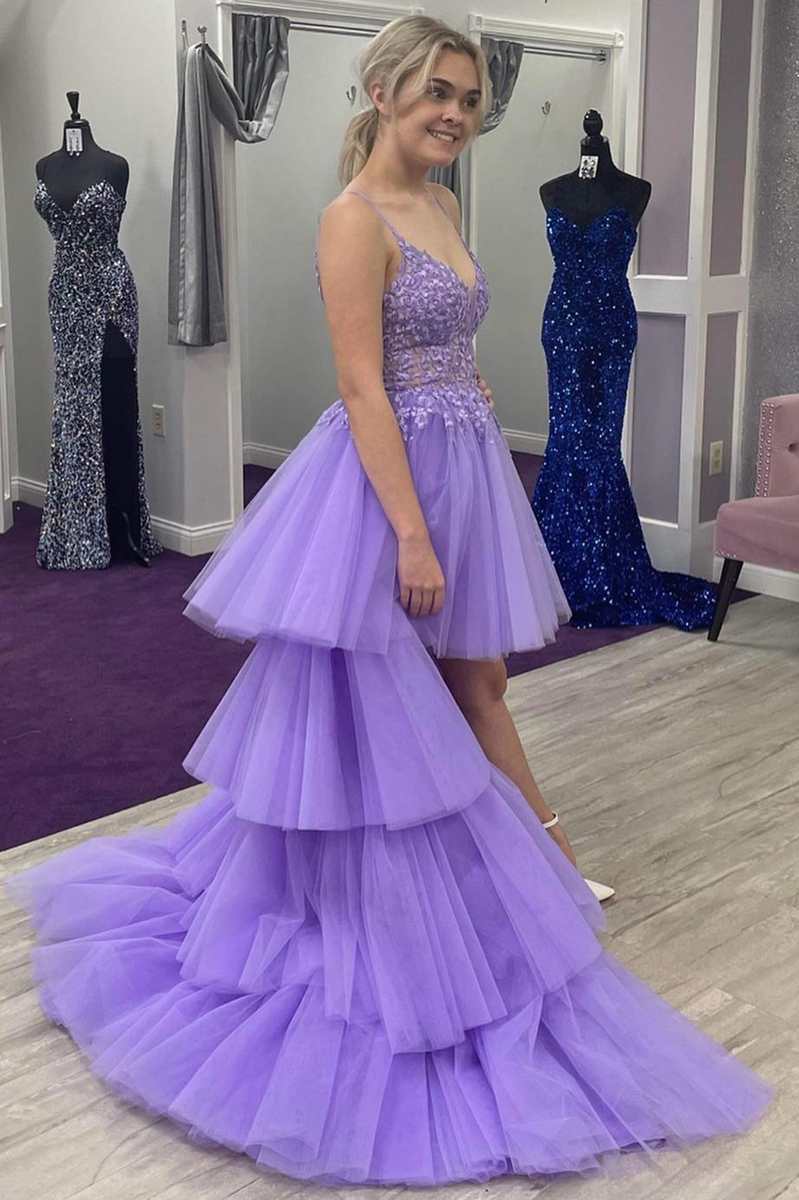 Heaven | High - Low Lavender Lace V - Neck Tiered Prom Dress - KissProm
