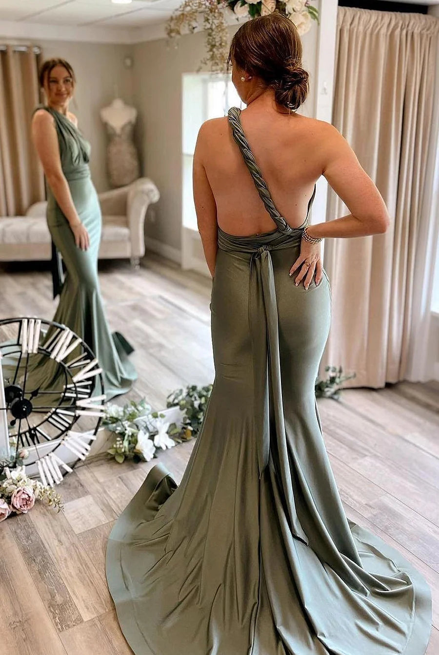 Light Green Convertible Satin Mermaid Prom Bridesmaid Dress - KissProm