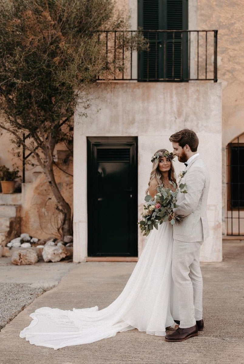 Roena | Fairy A-Line V-Neck Chiffon Long Wedding Dresses with Appliques