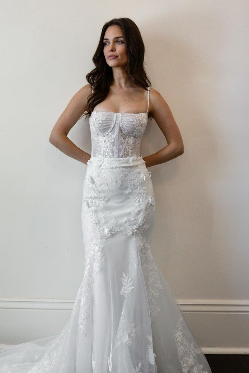 Mermaid Spaghetti Straps White Tulle Wedding Dresses with Appliques - KissProm