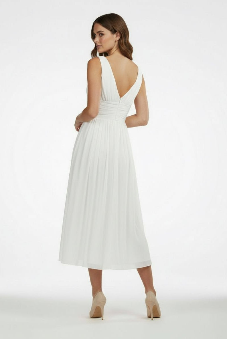 V - Neck Sleeveless Tea - Length Chiffon Wedding Dress With Ruching And Low - V Back - KissProm