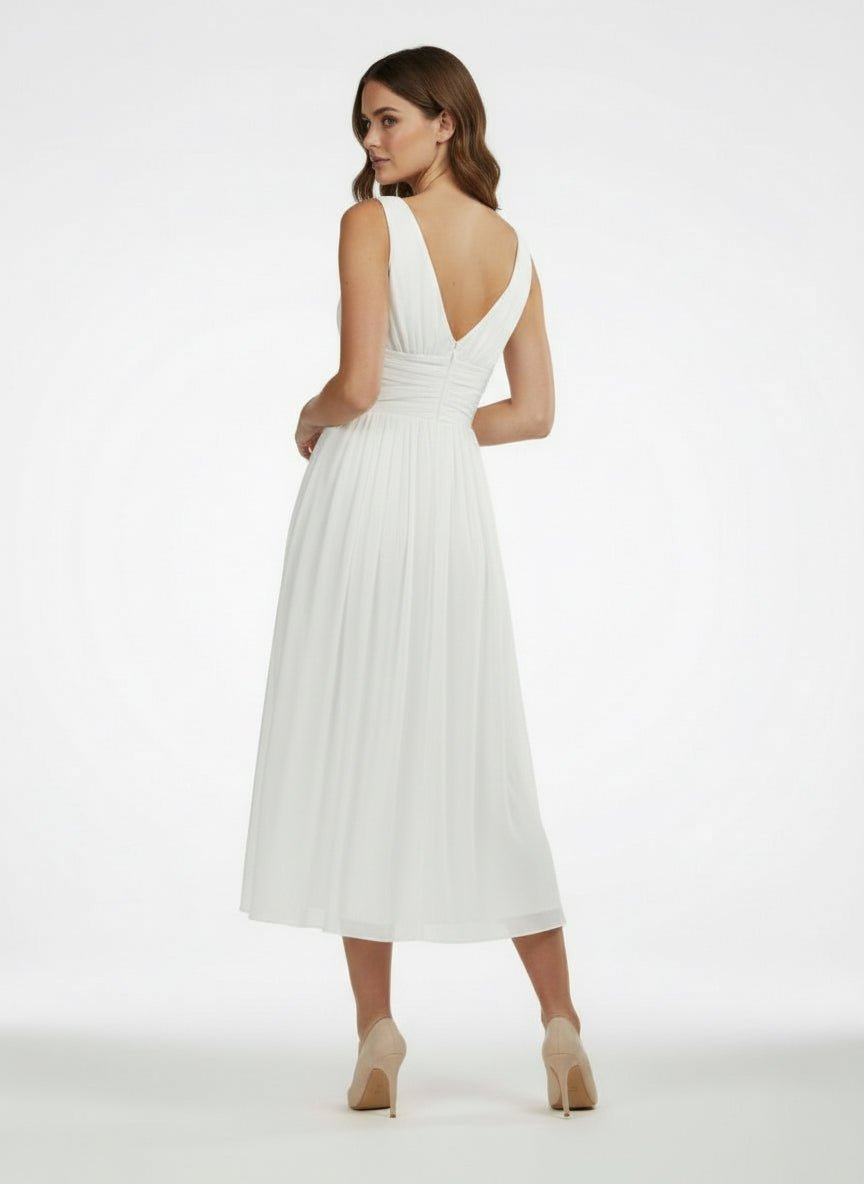 V - Neck Sleeveless Tea - Length Chiffon Wedding Dress With Ruching And Low - V Back - KissProm