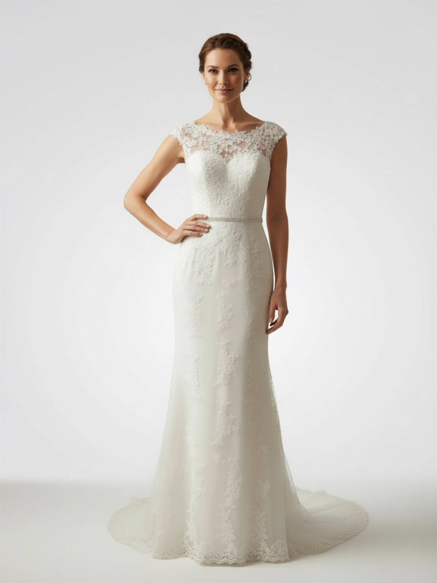 Bateau Neck Cap Sleeve Fit and Flare Lace Wedding Dress Diamond White / 12
