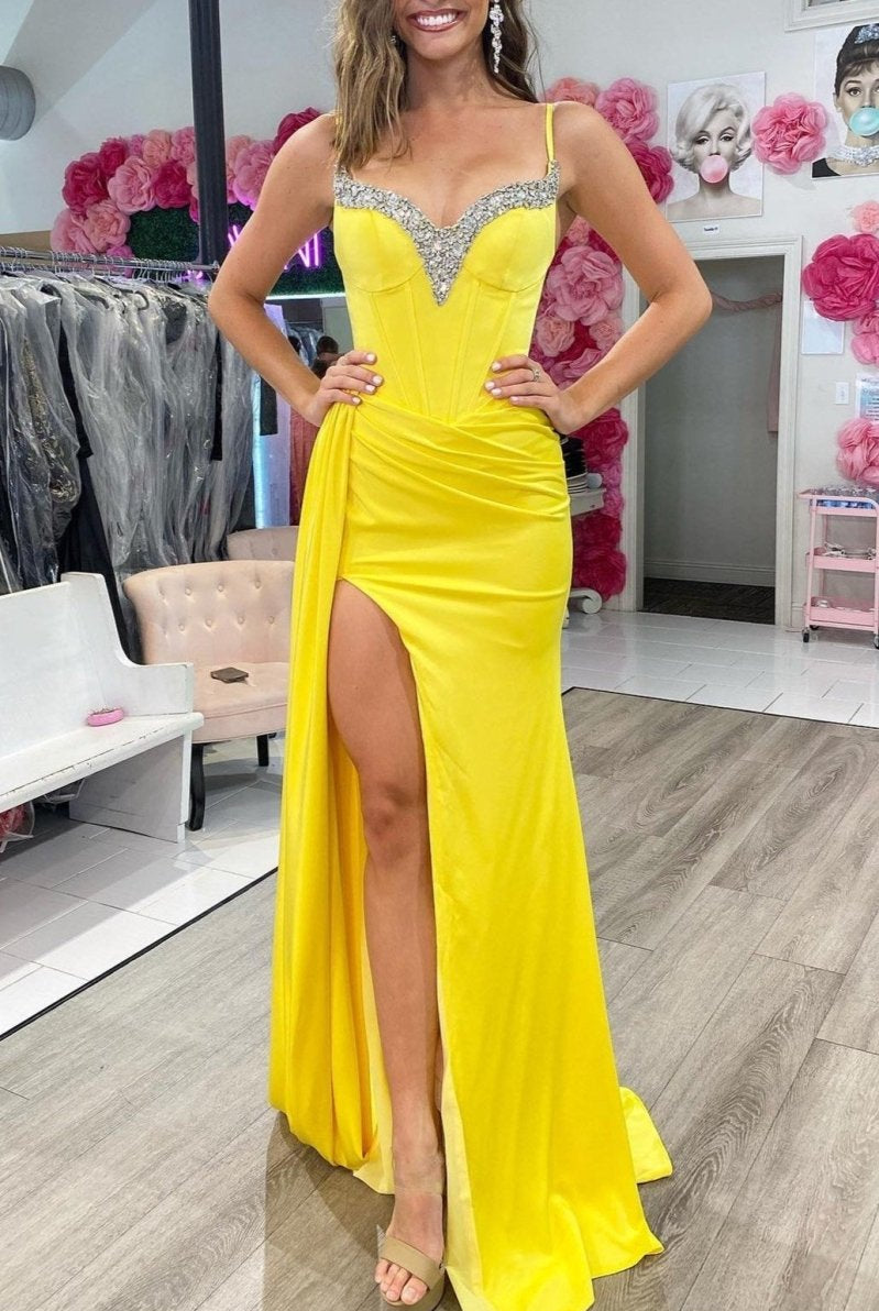 Red Beaded Queen Anne Neck Straps Long Formal Gown with Attached Train - KissProm