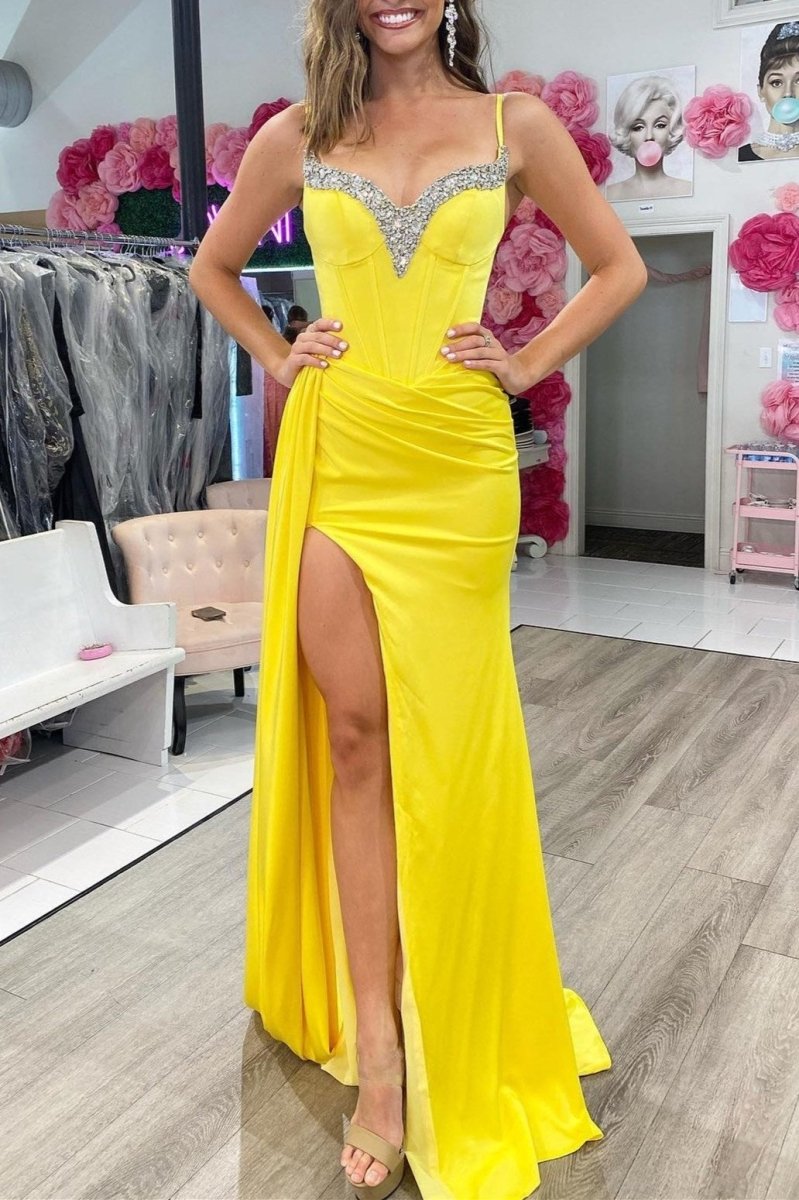 Red Beaded Queen Anne Neck Straps Long Formal Gown with Attached Train - KissProm