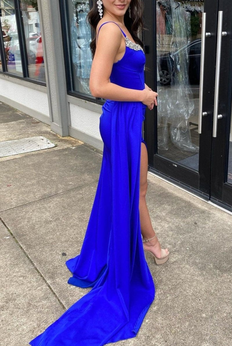 Red Beaded Queen Anne Neck Straps Long Formal Gown with Attached Train - KissProm