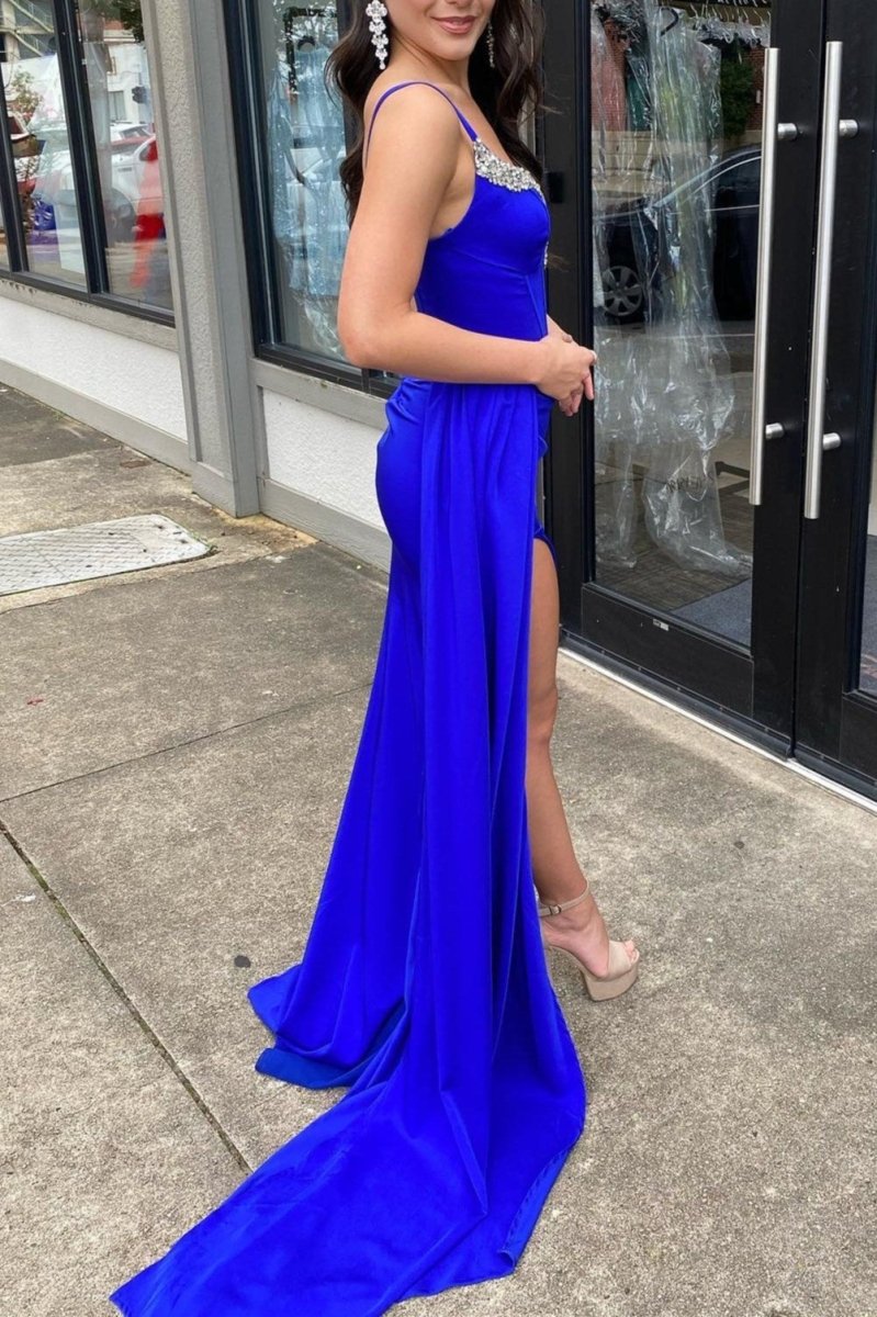 Red Beaded Queen Anne Neck Straps Long Formal Gown with Attached Train - KissProm