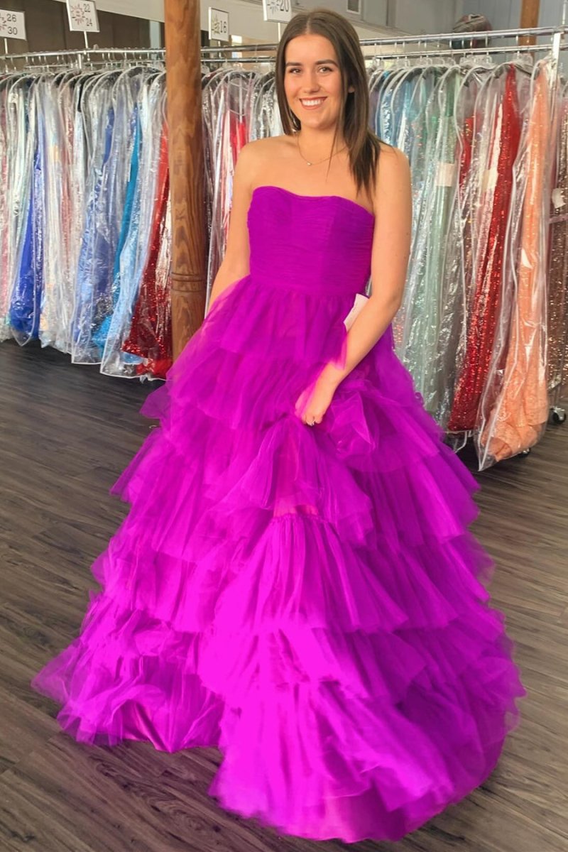 Daleyza |A-Line Strapless Tiered Tulle Prom Dress with Ruffles