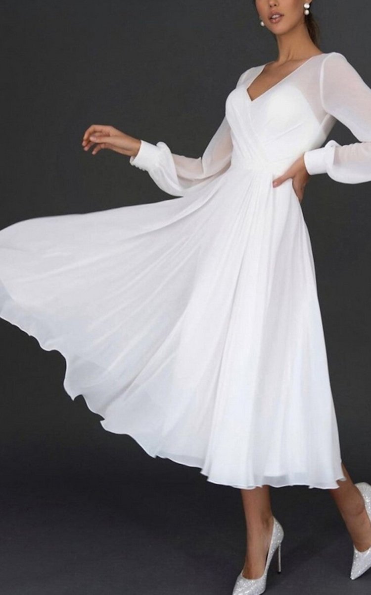 A-Line V-neck Chiffon Long Sleeves Zipper Wedding Dress