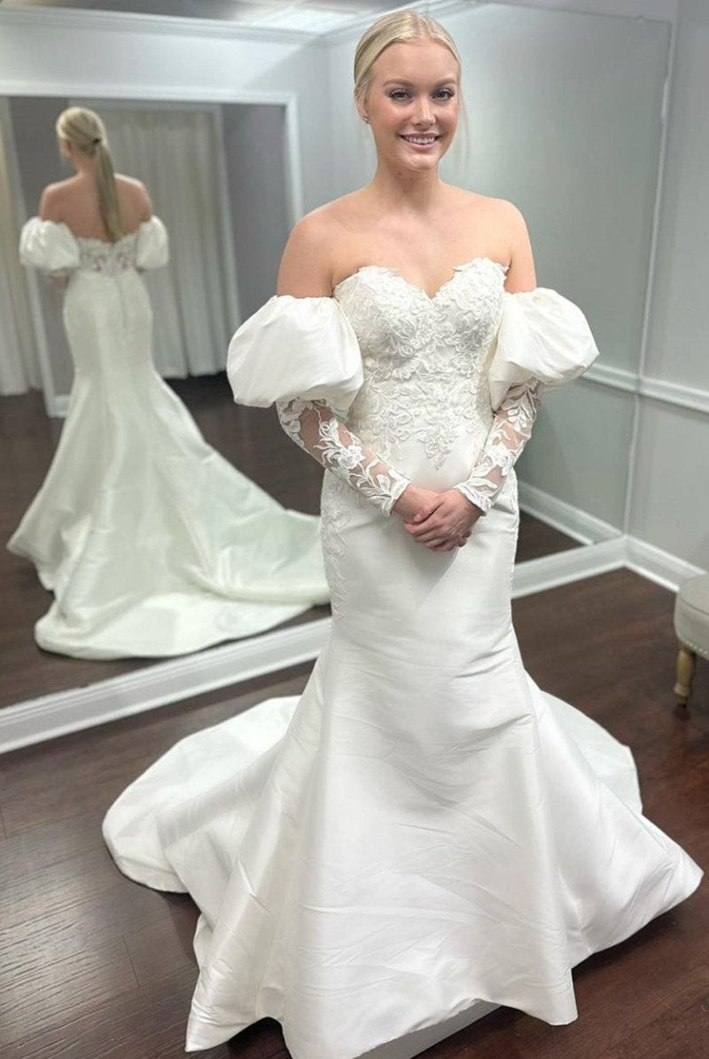 White Appliques Off-the-Shoulder Mermaid Wedding Dress with Detached Sleeves
