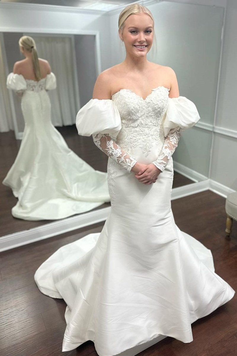 White Appliques Off-the-Shoulder Mermaid Wedding Dress with Detached Sleeves