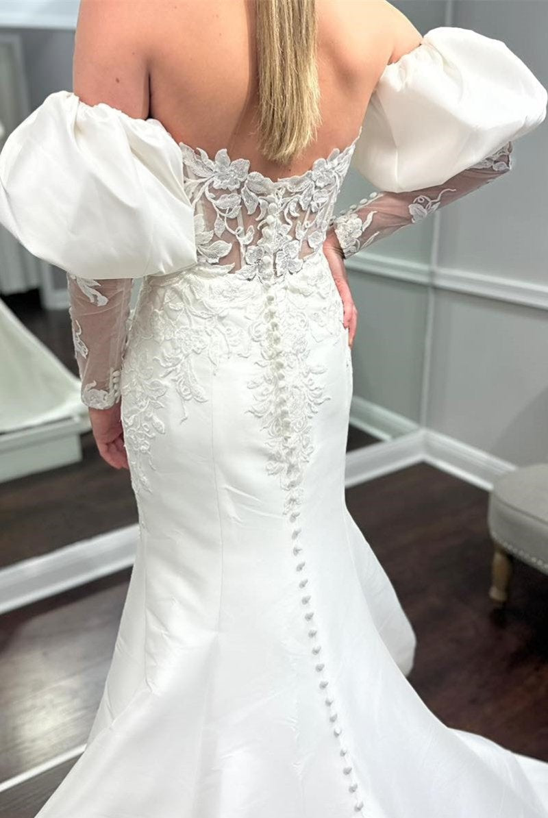 White Appliques Off-the-Shoulder Mermaid Wedding Dress with Detached Sleeves
