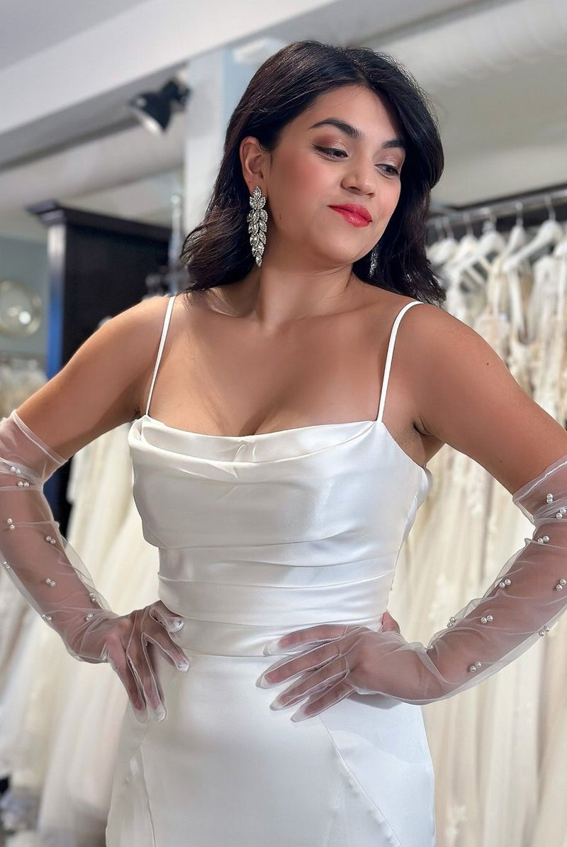 Mermaid White Cowl Neck Silk Satin Wedding Dresses