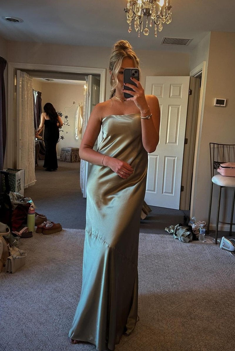 Strapless Olive Green Satin Sheath Long Party Dress - KissProm