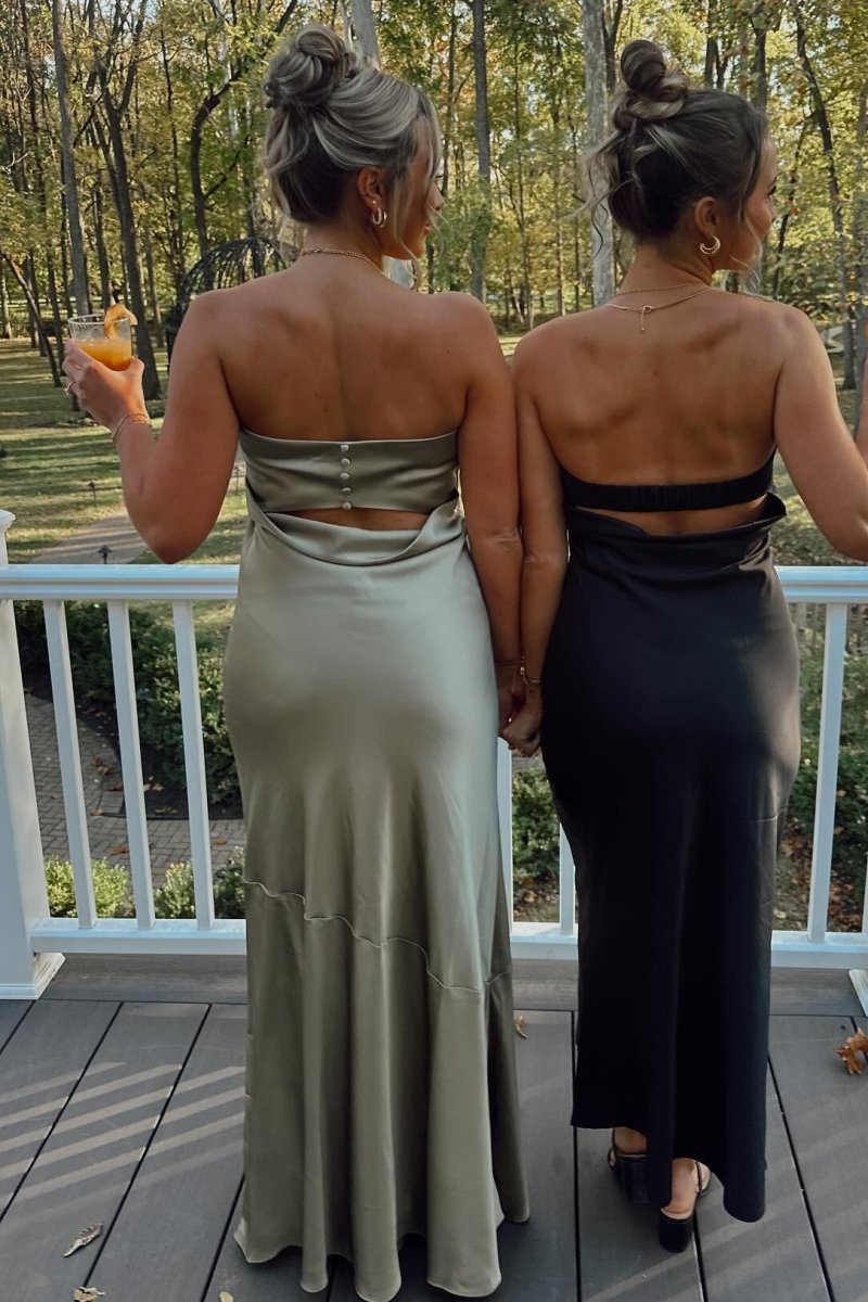 Strapless Olive Green Satin Sheath Long Party Dress - KissProm