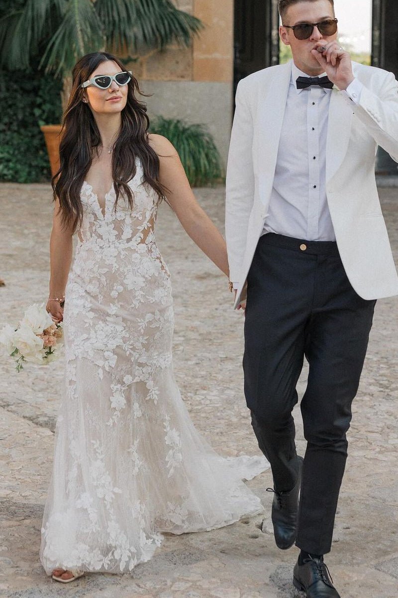 Ivory Long Sleeve Lace Appliques Mermaid Tulle Wedding Dress