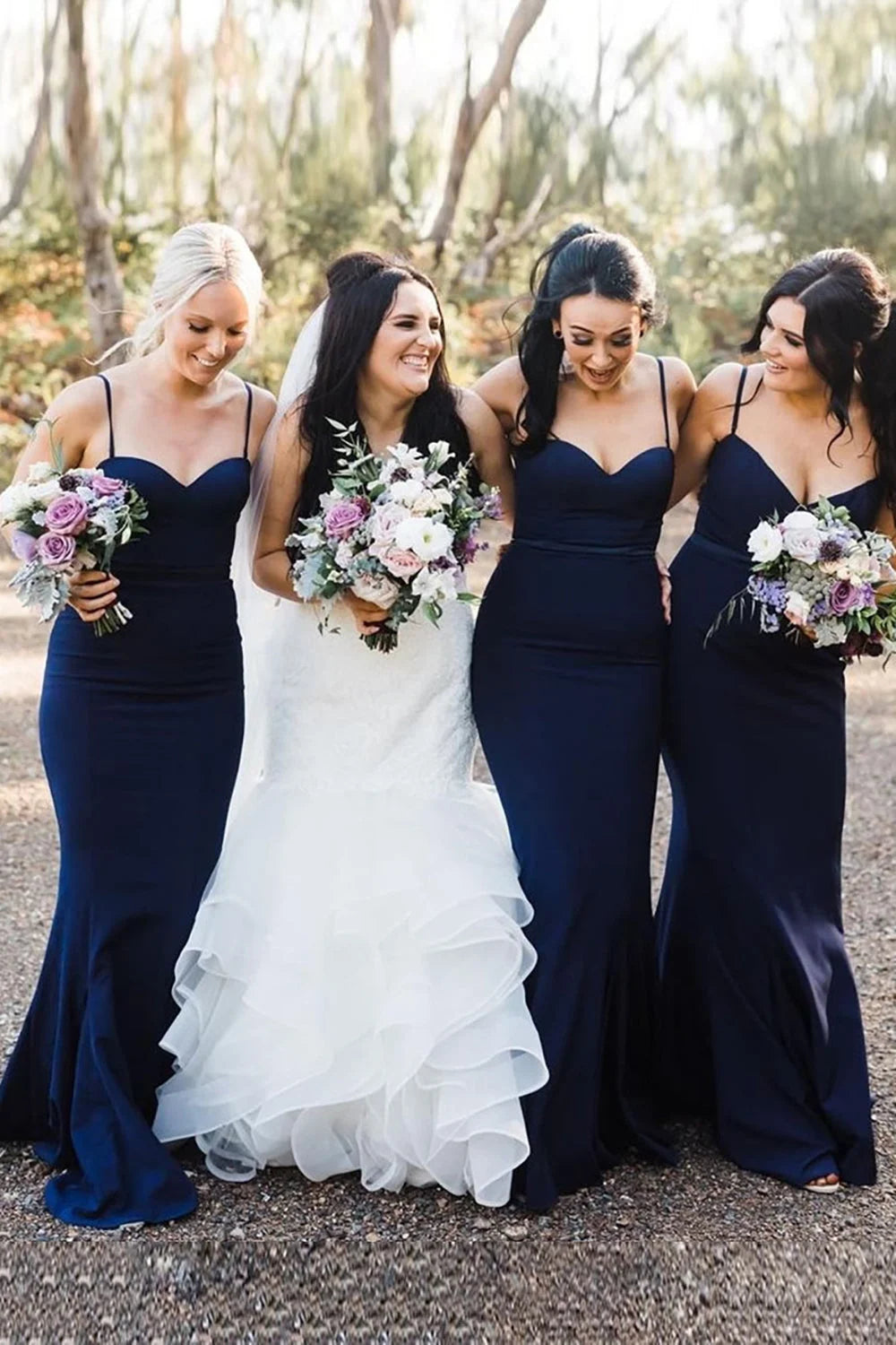 Navy Spaghetti Straps Mermaid Long Bridesmaid Dress - KissProm