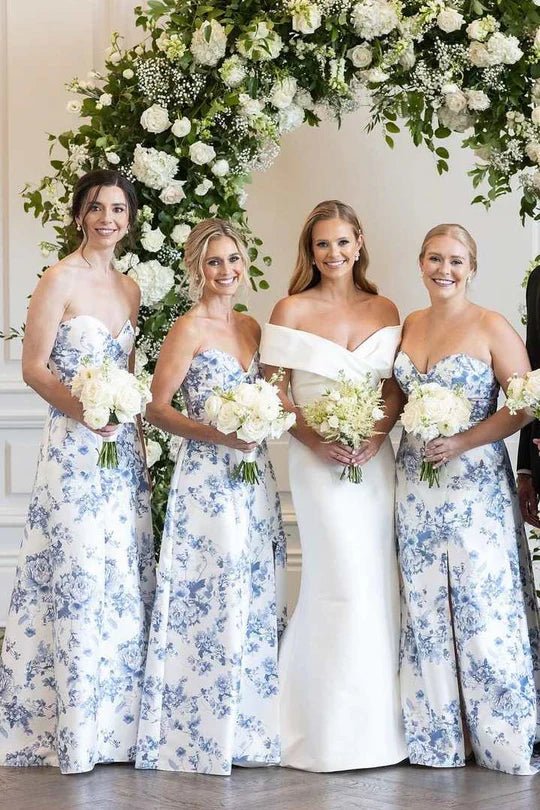 A-line Strapless Printed Floarl Satin Long Bridesmaid Dresses, Sky Blue / 8 A-line Strapless Printed Floarl Satin Long Bridesmaid Dresses, Sky Blue / 8