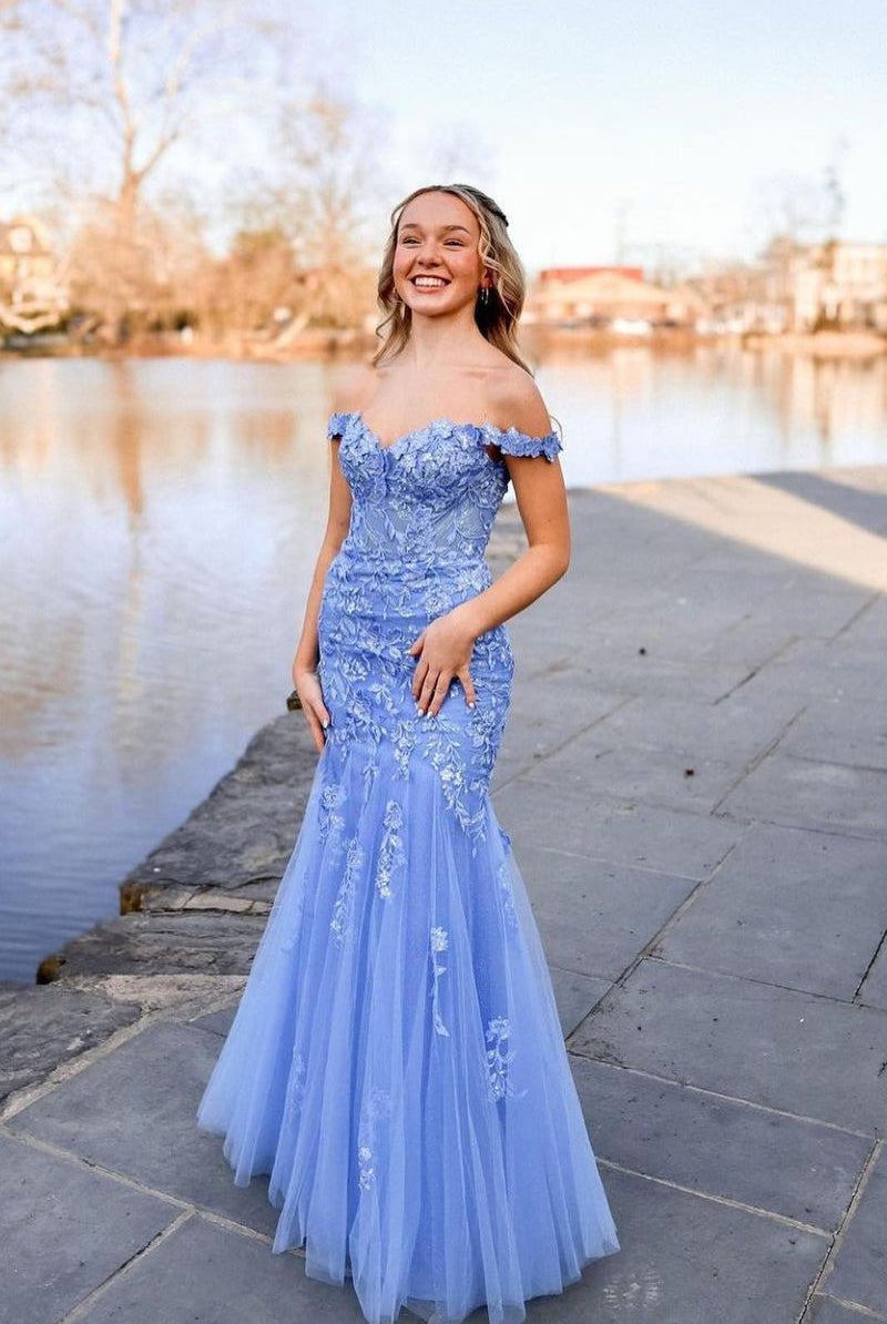 Lavender Off the Shoulder Tulle Appliques Mermaid Long Prom Dresses - KissProm